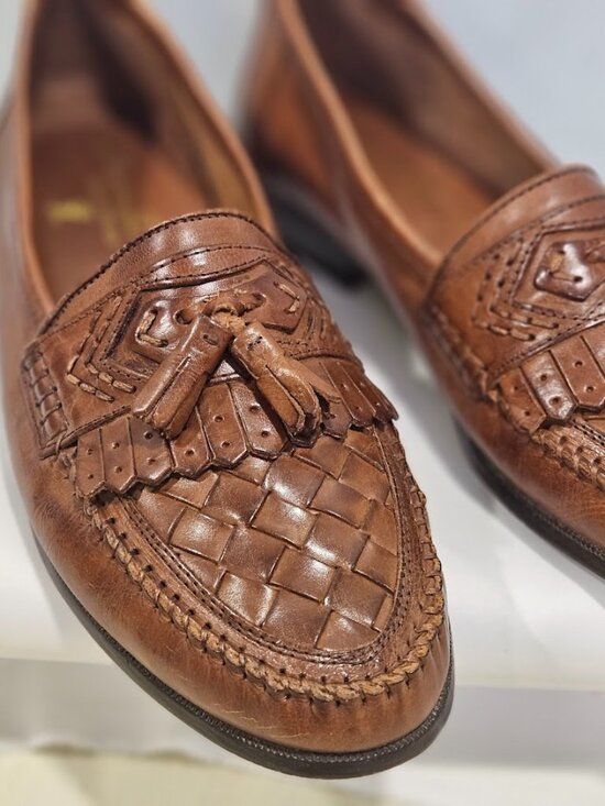 Martin Drake Men\'s Brown Leather Slip on Loafers Weave Tassel Shoes Brazil Sz 9M